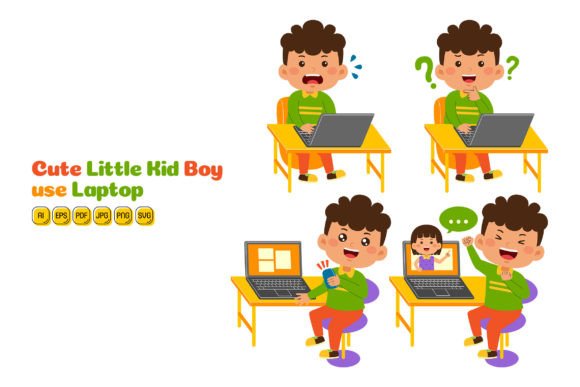 Cute Little Kid Boy Use Laptop Vector 02: A Versatile Illustration for Your Creative Projects