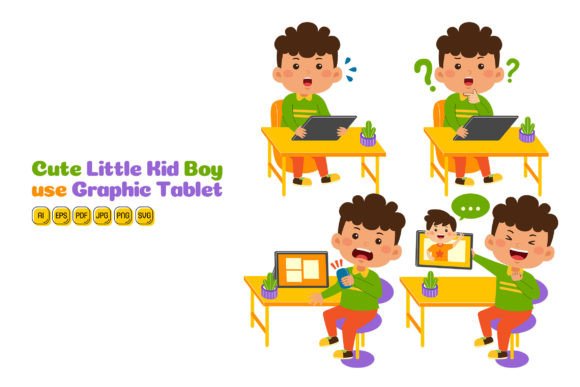 Cute Little Kid Boy Use Tablet Vector 01