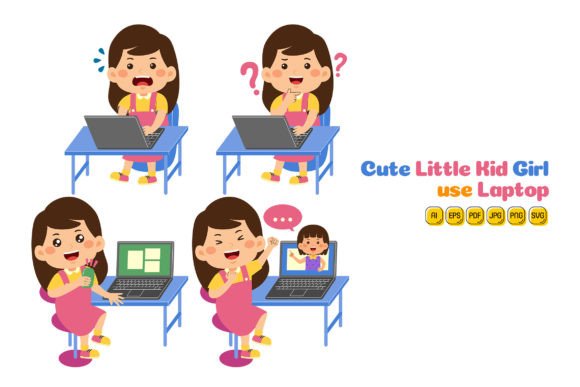 Cute Little Kid Girl Use Laptop Vector 1: A Versatile Illustration for Your Design Needs