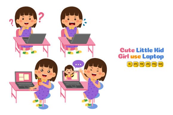 Cute Little Kid Girl Use Laptop Vector 2