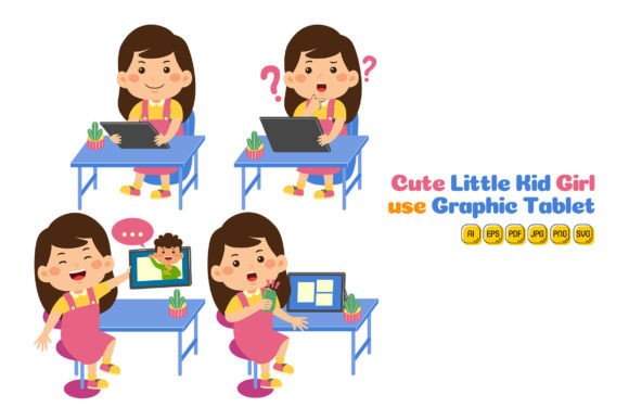 Unlocking Creative Potential with Cute Little Kid Girl Use Tablet Vector 1