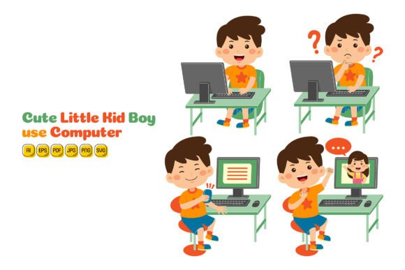Unlocking Creativity with Cute Little Kid Boy Use Computer 01: A Versatile Illustration for Modern Branding