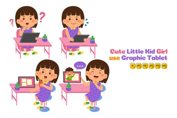 Unlocking Creativity with Cute Little Kid Girl Use Tablet Vector 2